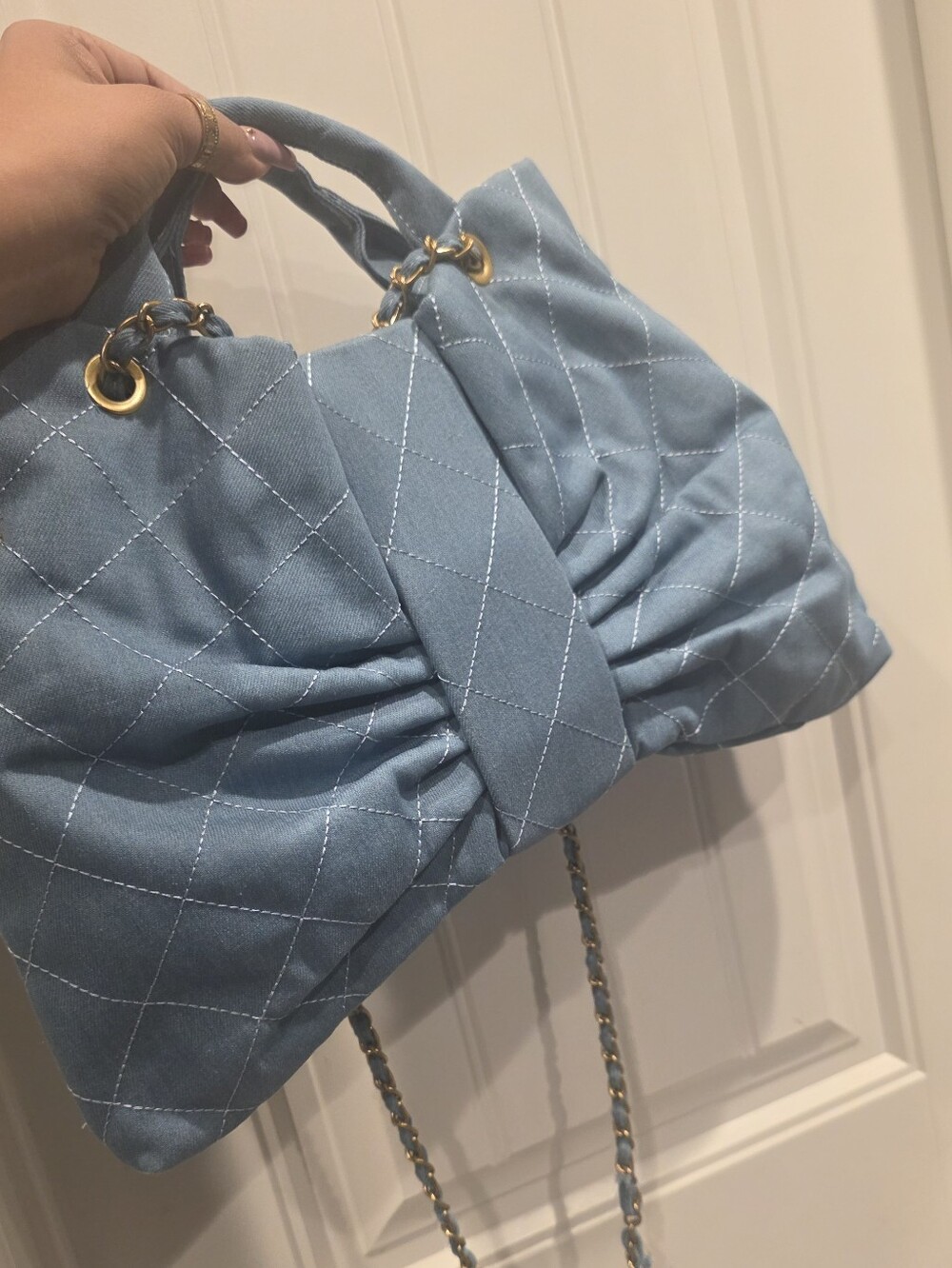 Light Blue Denim Quilted Shoulder Bag with Gold-Tone Chain - Picture 5 of 9